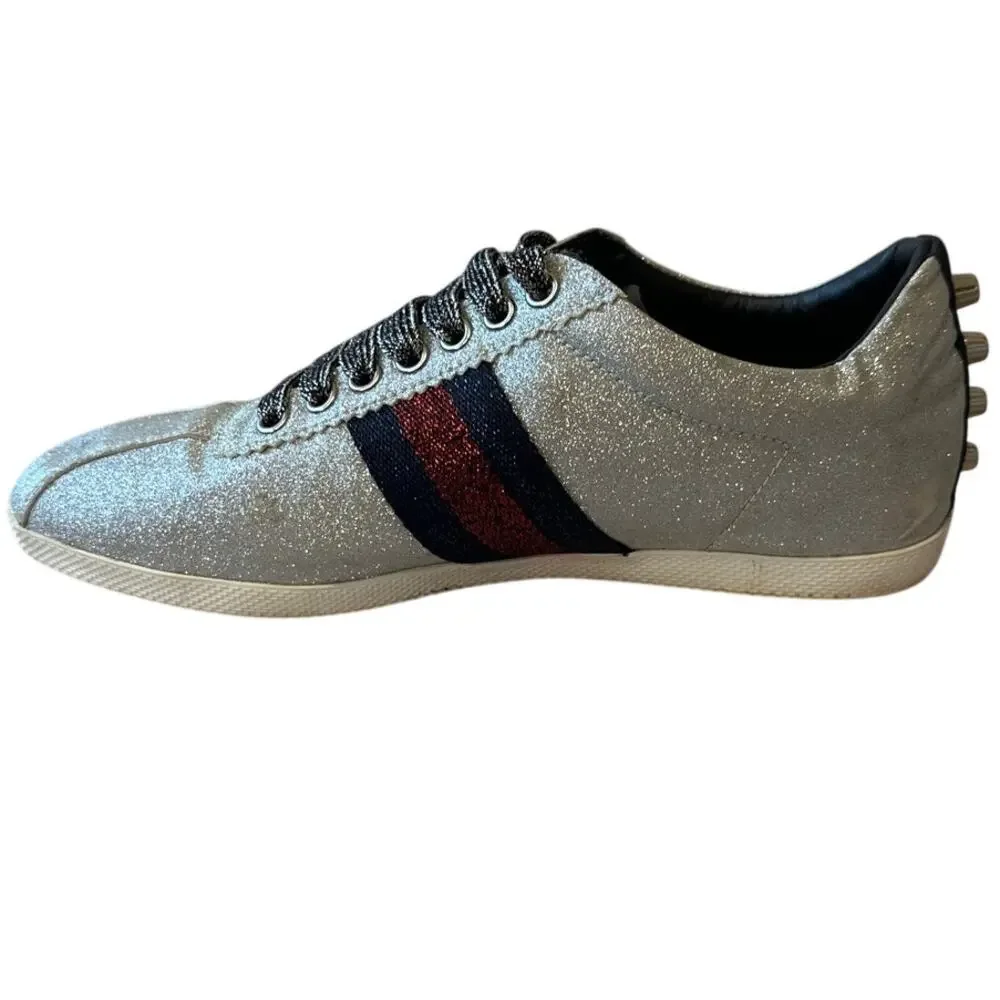 Gucci Bambi Silver Glitter Web Sneaker‎ 39 Spiked